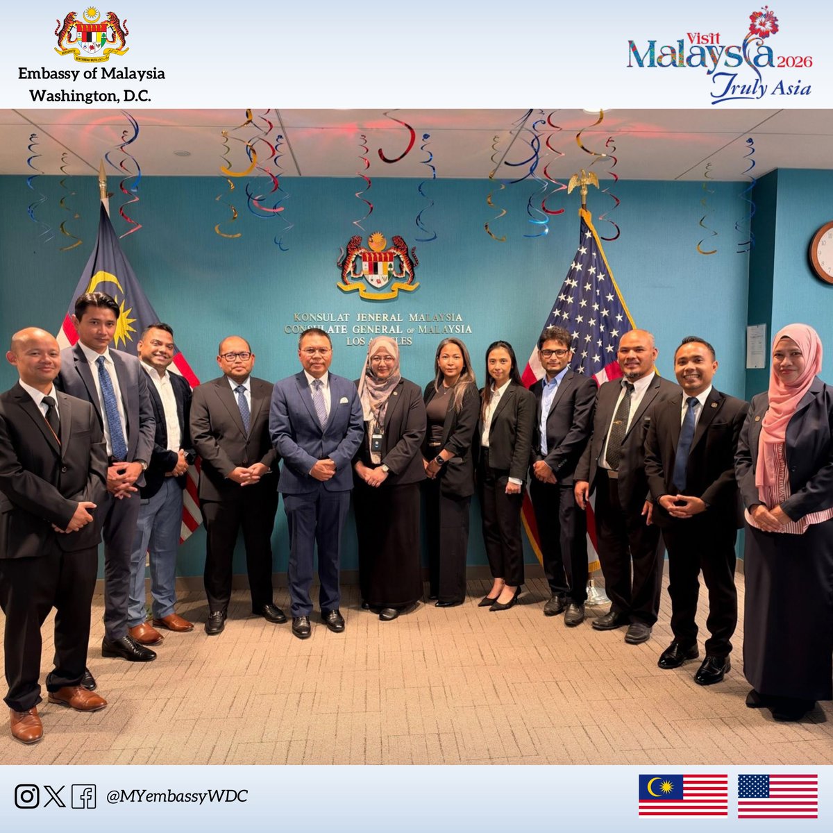 MYembassyWDC's tweet photo. On 5 October 2026, Ambassador Tan Sri Shahrul Ikram commenced his familiarisation visit to the State of California with a visit to the Consulate General of Malaysia’s office in Los Angeles @cglamsia . The Ambassador was welcomed by Ms. Wan Nurshima Was Jusoh, Consul General. https://t.co/caLCDqbuKl