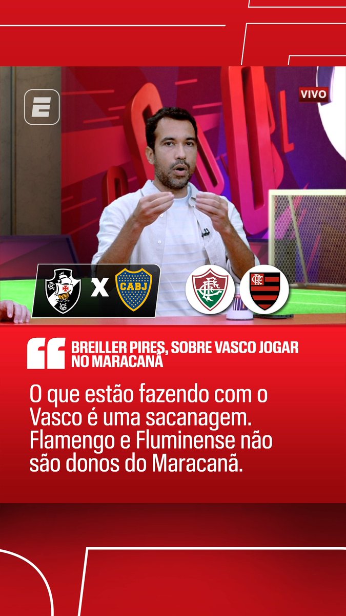 A TV Esportes broadcast screenshot shows commentator Breiller Pires discussing Vasco's match, with a quote criticizing Flamengo and Fluminense for not owning Maracanã. The image relates to the "hummmmmm" post by highlighting the controversial comments made on air about Rio de Janeiro football clubs.