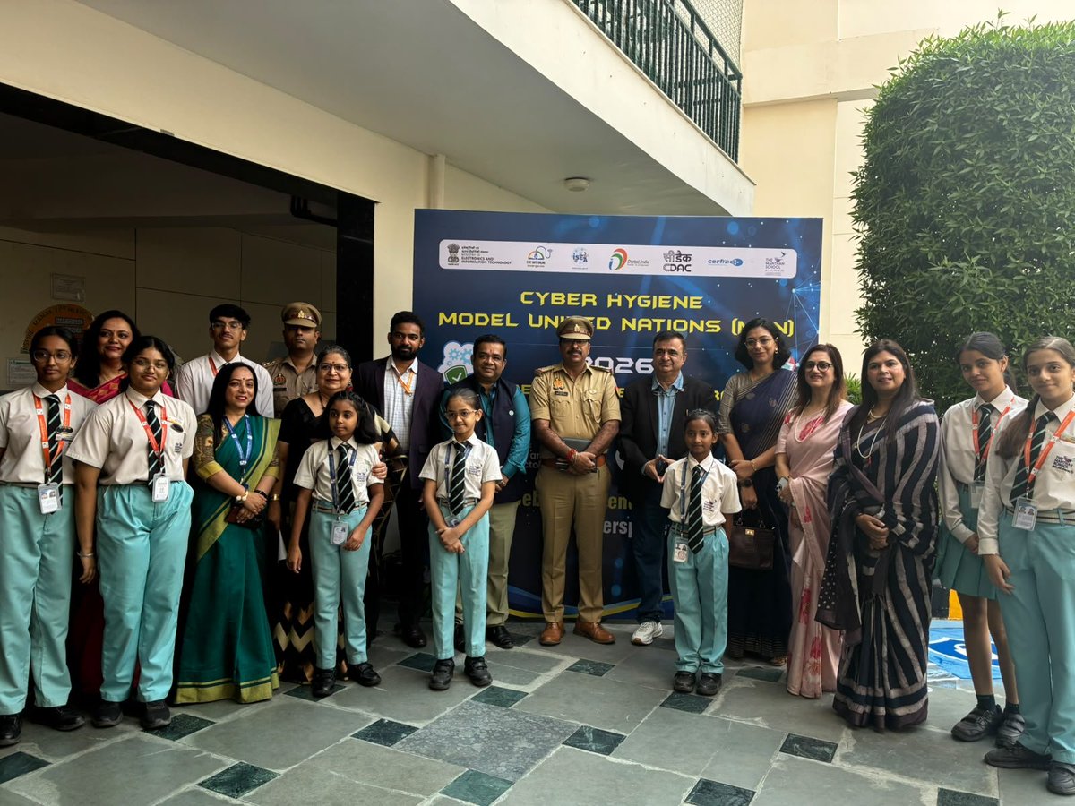IndianCERT's tweet photo. The 2026 Cyber Hygiene Model United Nations (MUN), organized by CERT-In in partnership with ISEA and C-DAC Hyderabad, at The Manthan School, Gr. Noida West #CERTIn #ISEA #CDAC #MeitY #SSOIndia #CyberHygiene #CyberSecurity #MUN2026 #DigitalIndia #NCSAM2026 #CyberHygieneOurCulture https://t.co/gQIg9K1YIv