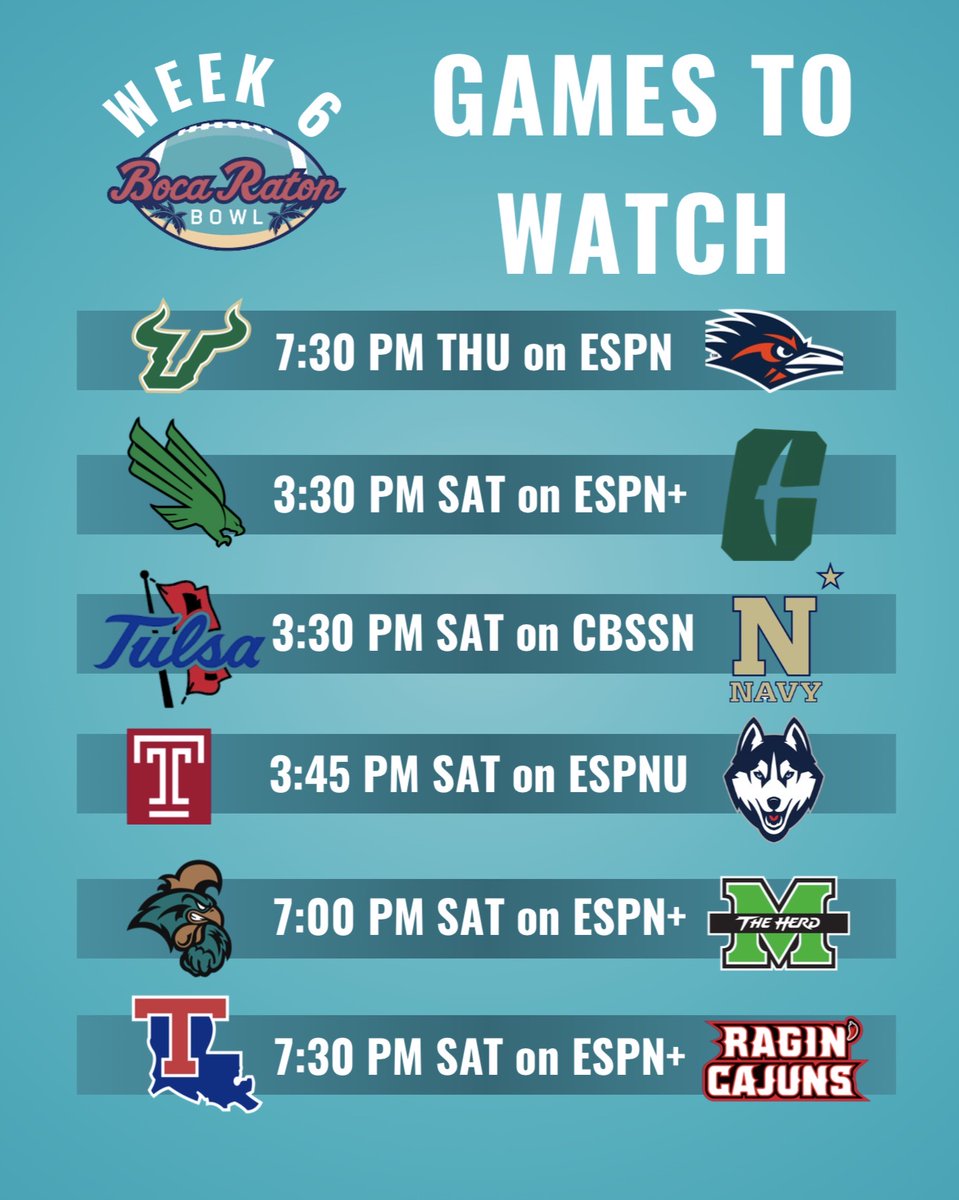 BocaBowl's tweet photo. Weekend plans? These are your Week 6 games to keep an eye on!
#Week6 #gamesoftheweek https://t.co/xrtU1YU1Kr