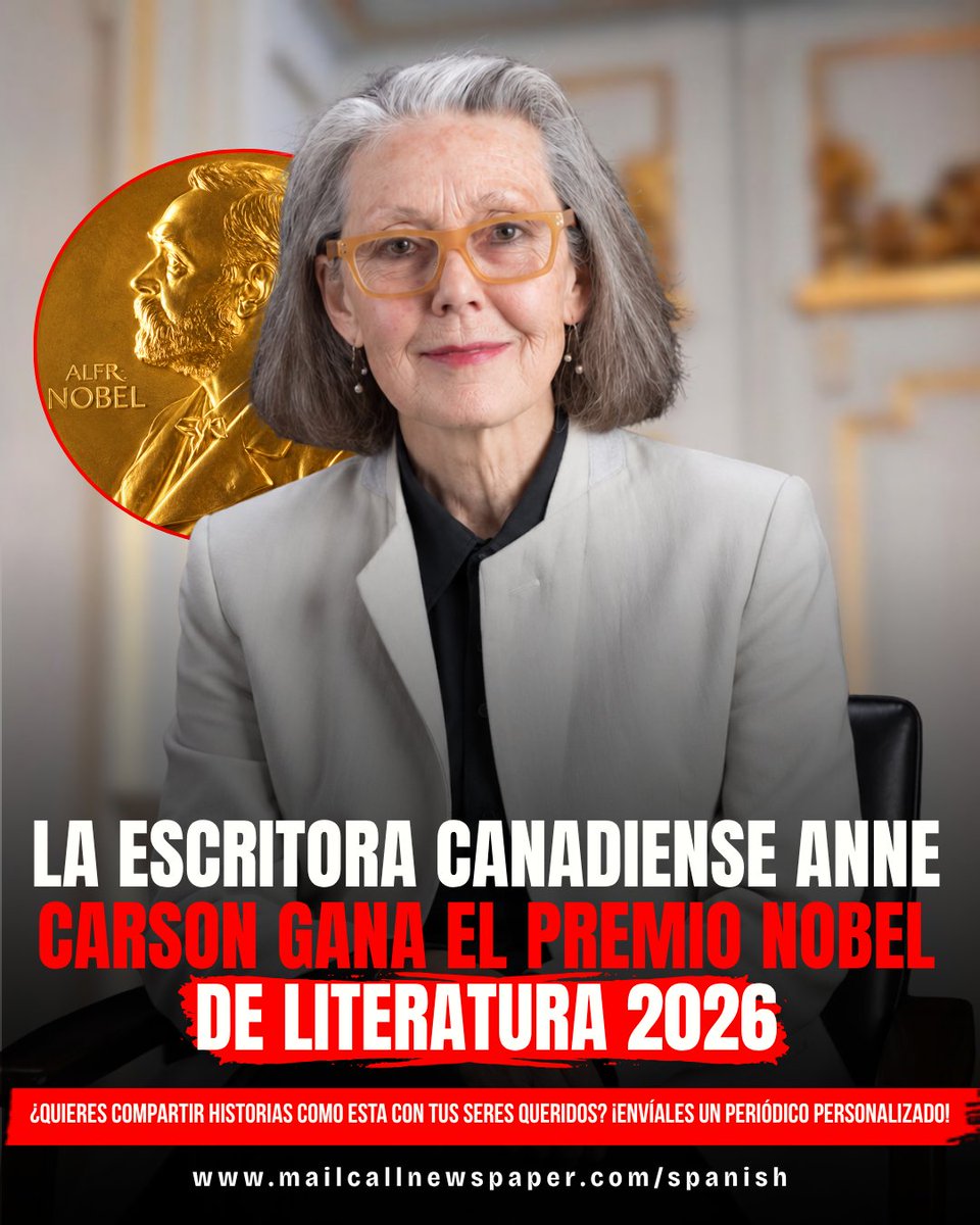 mailcallnews's tweet photo. La poeta, ensayista y escritora canadiense Anne Carson, de 76 años, fue reconocida este 8 de octubre con el Premio Nobel de Literatura 2026. 🇨🇦✨ https://t.co/40oCqpsRhA