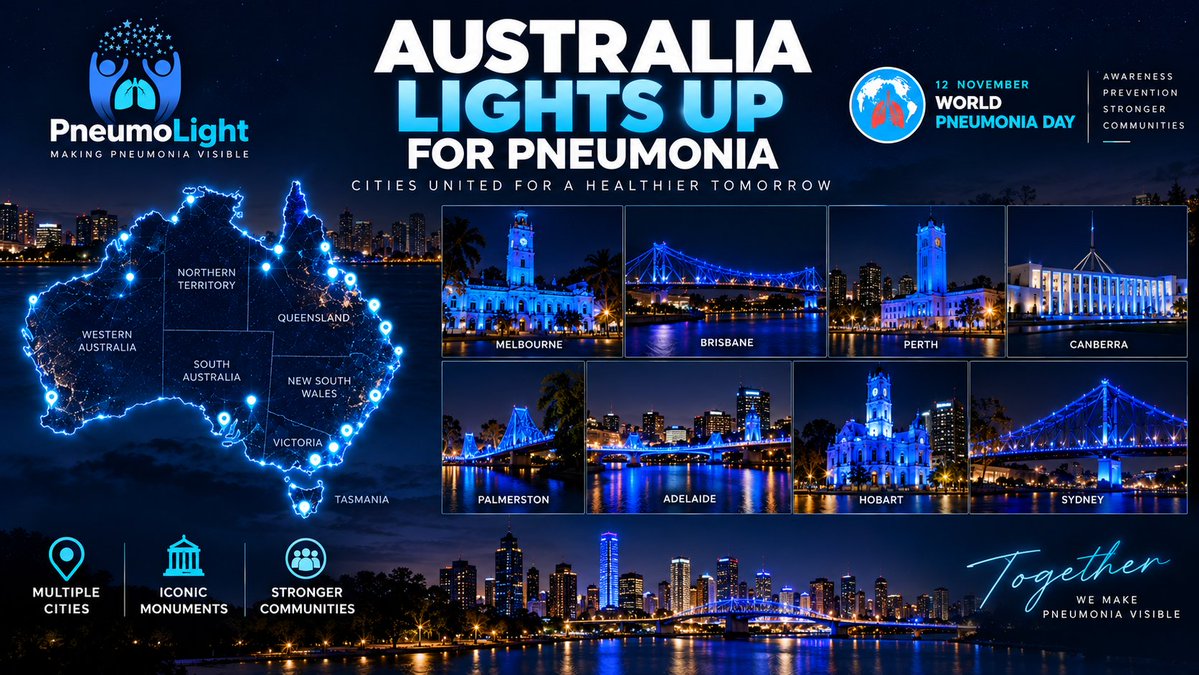 neumoai's tweet photo. 🇦🇺💙 AUSTRALIA LIGHTS UP FOR PNEUMONIA!
From Perth to Brisbane, Melbourne to Palmerston, Australia is joining the global PneumoLight movement to make pneumonia visible.
#PneumoLight #WorldPneumoniaDay #Australia #PneumoniaAwareness #LightTheWorld #EveryBreathCounts #GlobalHealth https://t.co/kmBVBCubn7