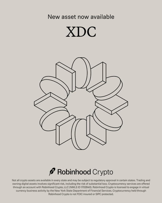 MasterNode0x's tweet photo. Another major access point for $XDC.

@XDCNetwork is making real-world blockchain utility more accessible through Robinhood Crypto. https://t.co/D6LOvhQ7DO