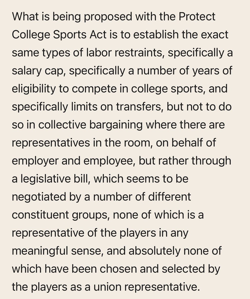 WinterSportsLaw's tweet photo. Really good explainer on the Protect College Sports Act from an antitrust law perspective.

The PCSA’s proposed antitrust law exemption &amp; athlete restrictions are functionally different than those that exist in the NBA, NFL, etc.

Because they resulted from bargaining. https://t.co/aeltODqoOX