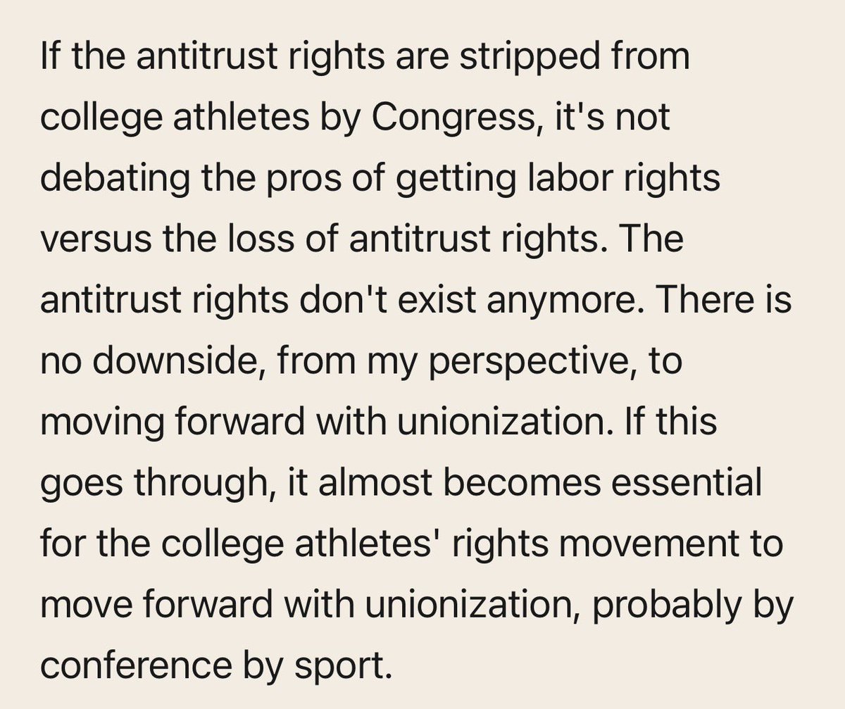 WinterSportsLaw's tweet photo. Really good explainer on the Protect College Sports Act from an antitrust law perspective.

The PCSA’s proposed antitrust law exemption &amp; athlete restrictions are functionally different than those that exist in the NBA, NFL, etc.

Because they resulted from bargaining. https://t.co/aeltODqoOX