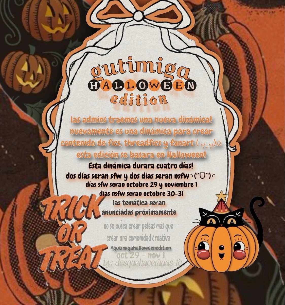 gutimiga's tweet photo. Gutimigaweek acaba de terminar y gutimigaween esta por empezar 𐔌՞꜆.  ̫.꜀՞𐦯 desquehaceradas fc las admins de gutimiga traemos una nueva dinámica y los invitamos a participar nuevamente -🪼

Oct 29- Nov 1
#gutimigaween #gutimigahalloween #gutimigahalloweenedition https://t.co/8FYSnWeGvD