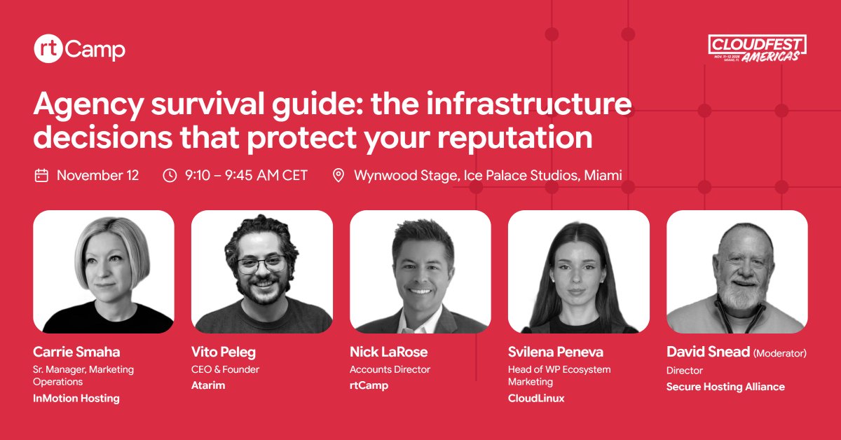 rtcamp's tweet photo. Clients may never see about the infrastructure behind their websites. They will remember the moment something breaks.

That's the conversation our Accounts Director, Nick LaRose, will be part of at CloudFest Americas, alongside @carriesmaha, @vitopeleg, and @svilenapeneva, with David Snead moderating.

They'll discuss the infrastructure decisions agencies need to get right to protect client trust and the agency's own reputation.