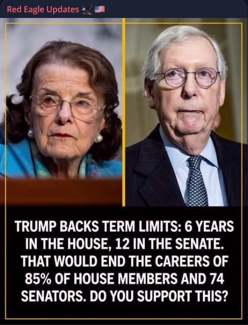 Charliejacob_'s tweet photo. 🚨BOOM:

Trump backs term limits: 6 years in the House, 12 in the Senate.

THAT WOULD END THE CAREERS OF 85% OF HOUSE MEMBERS AND 74 SENATORS.

Do you support this?

YES or NO? https://t.co/7GMfOFJstV