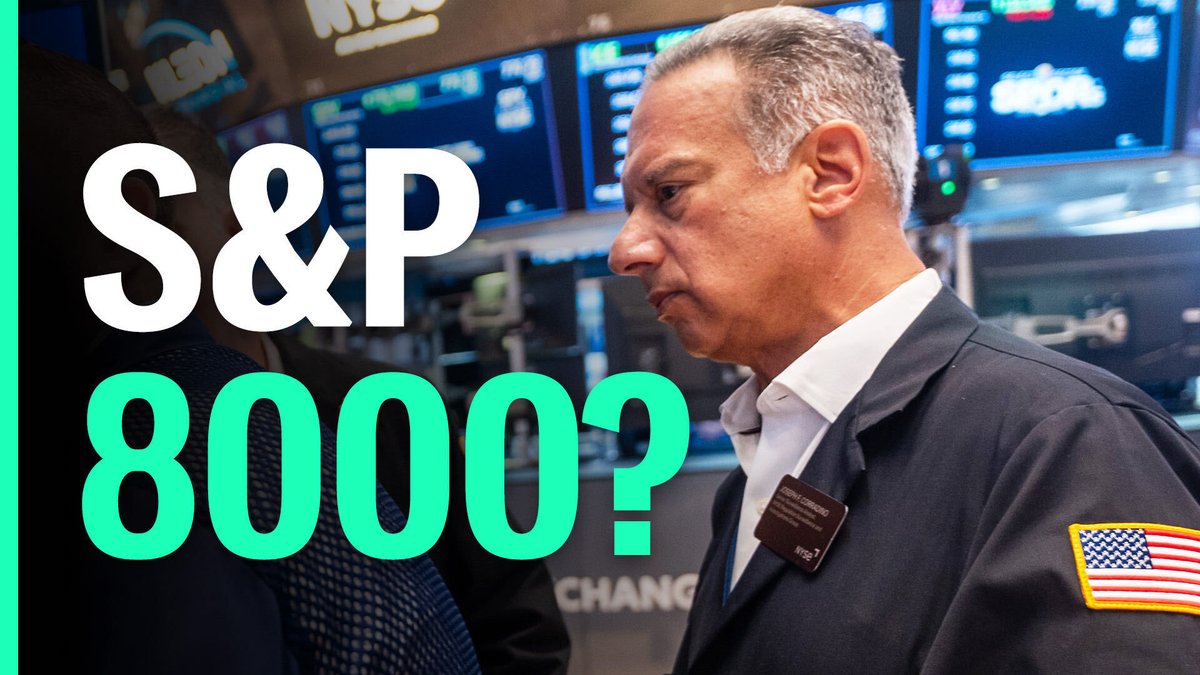 A serious-looking NYSE floor trader wearing a "Stuart Comoino" name badge and an American flag patch stands beneath digital screens showing "ICE" and "Salesforce," while bold text overlays read "S&P 8000?"—visually highlighting the post's discussion about B. Riley Wealth strategist Art Hogan's bullish prediction that the S&P 500 could reach the 8,000 milestone.