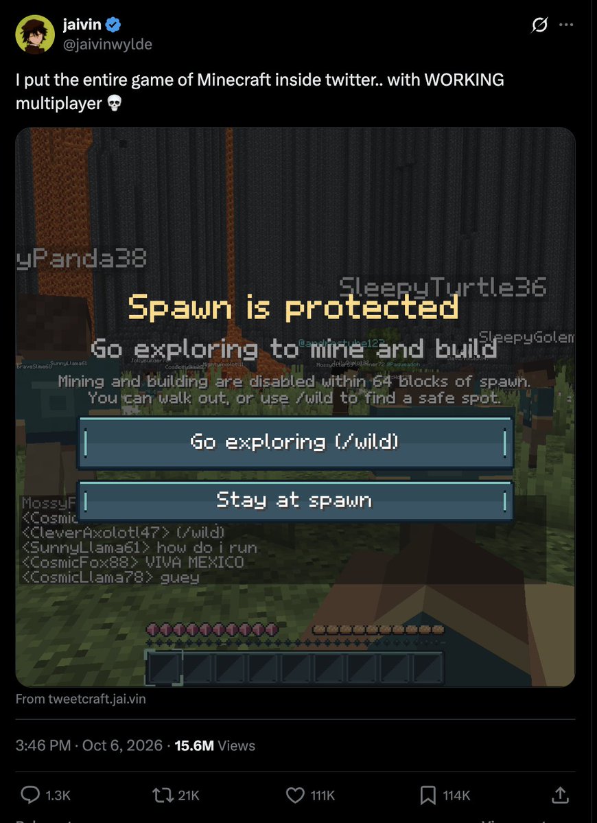 dinkin_flickaa's tweet photo. People are generating Minecraft inside X posts and getting 16M views btw https://t.co/uIBPZUjaep