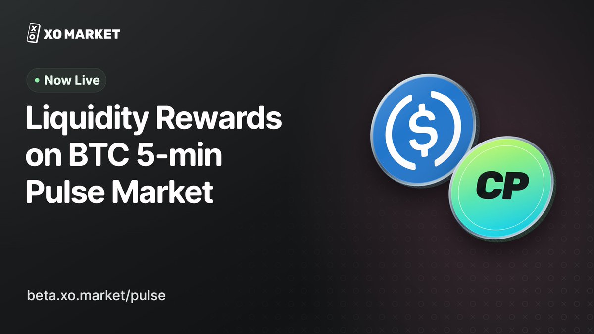 xomarket's tweet photo. The Pulse is UP on XO! ⬆️

Liquidity Rewards are now live on the BTC 5-minute Up/Down Pulse Markets. 

Earn daily rewards from a $1M USDC and 10M Conviction Points (CP) pool based on your order pricing, size, resting time, and sides quoted. https://t.co/1DKE4Sfe84