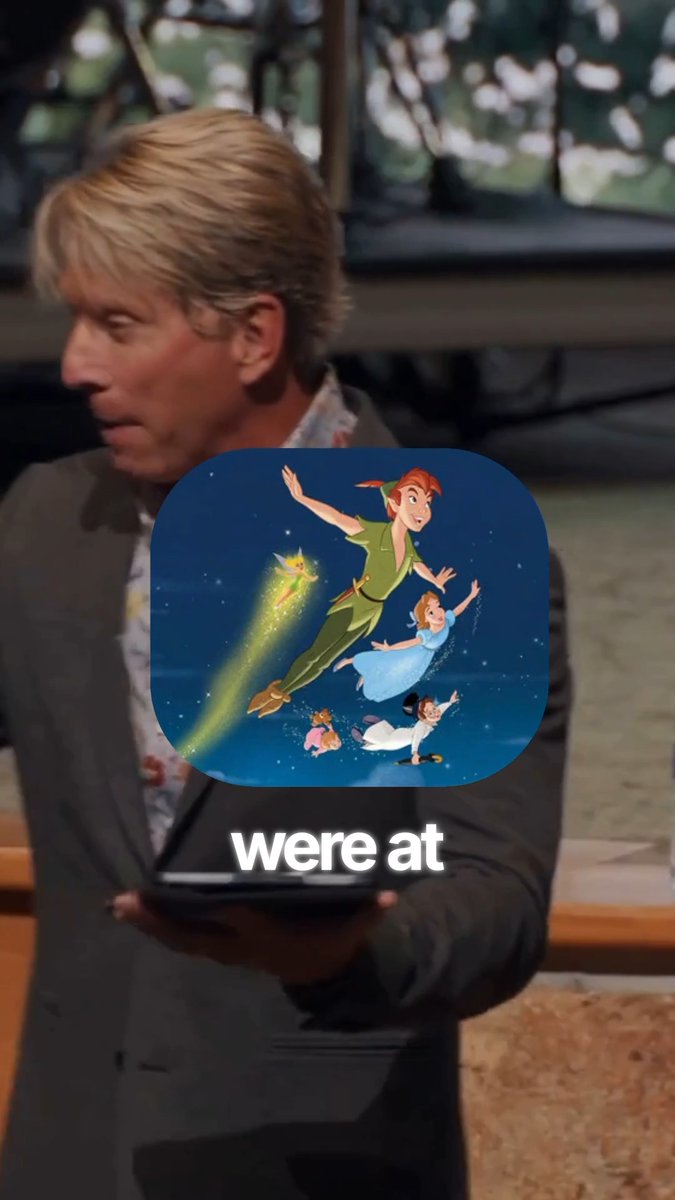 A man with a tablet has a Peter Pan app icon overlaid on the image with text starting 'were at', suggesting a movie sequel reference.
