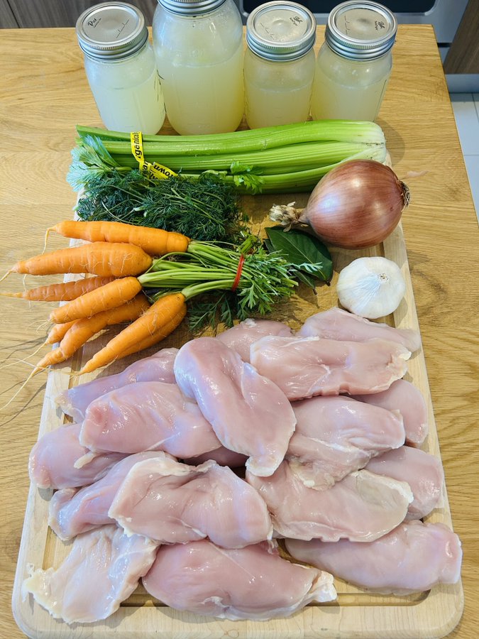 coookwithchris's tweet photo. Ok, let’s do this again

Here is how you can make over 1,000g of protein (10 servings of each with 8oz of protein) for under $10 a day (cheaper than 1 bowl at chipotle)

What you’ll need:

Chuck chili:
-5 lb chuck (cubed) or stew meat (I prefer this because it's already cubed; one less step)
-2 cups beef broth
-2 14oz cans tomato sauce
-2 packets chili seasoning

Chicken soup:
-5 lb chicken breasts or thighs
-10 carrots
-1 yellow onion
-5 celery sticks
-4 cloves garlic
-1 bunch fresh dill
-2 bay leaves
-8-10 cups chicken bone broth
-Olive or avocado oil
-Optional: spinach or bok
-Optional: rice noodles
-Salt and pepper

Start by pre heating your oven to 325. Since both meals will be cooking at once, we are going to do the chicken soup in a crock pot/pressure cooker and the chuck in the oven. By doing this, it’s extremely passive; you don’t need to babysit it.

Start by prepping all of your ingredients. To make the cooking process more smooth, I always recommend doing ALL of the prep and organize before you turn the heat on.

So start by chopping your carrots, celery, onions, garlic, and dill (if you are using chuck instead of stew meat you can go ahead and dice that too) into bite sized pieces. This is the only prep you’ll need to do!

Since the chuck takes longer in the oven, we’ll start with that.

Add the bone broth, tomato sauce, chili seasoning over medium high heat and bring to a simmer, mixing well.

Once it’s starting to bubble add your chuck. Place in the oven and cook for around 3 hours (or until the meat is fork tender).

Yes, you can elevate this dish a little bit (I was just going for speed)

Optional step: sear your meat first, then add chopped onions and garlic, THEN add the broth/tomato sauce/chili seasoning/chuck.

I like to serve this in a bowl with rice, white onion and cilantro, but you can also do a taco!

Total: about $5–5.75 per serving
5 lb stew meat or cubed chuck: about $43–47 (stew meat averaged $8.59/lb in August 2026; chuck runs a bit higher)
2 cups beef broth: about $1.50–2.50
2 cans tomato sauce: about $2–3
2 chili seasoning packets: about $2–3
Batch total is roughly $49–56, or about $5–5.75 per meal. Stew meat already cubed keeps the cost at the lower end of that range.

Next is the chicken soup:

In a large pot/crock pot/pressure cooker on the saute setting (or stovetop) over medium heat, add a dash of oil and your carrots, onions, celery and a pinch of salt. Saute for 5 minutes or so.

Add the garlic and bay leaves, and toast for 1 minute.

Add the chicken bone broth, mix well and bring to a simmer.

Once it’s simmering add your chicken, and simmer away until your chicken easily shreds (around 30-40 minutes on the stove, 2-3 hours in a crock pot, 15 minutes in a pressure cooker ).

Remove all of the chicken, shred it up, and add back to the soup. Add your fresh dill, taste for salt and you are done!

If you are adding spinach or bok choy you can add this in the last couple minutes.

I like to serve this with rice pasta.

Total: about $3–4.25 per serving

5 lb chicken breasts: about $20–21 (boneless breast averaged about $4.17/lb). Thighs are often $2–3/lb, which drops the meat cost to about $10–15 and the per-meal cost closer to $2–3
8–10 cups chicken bone broth: about $6–10 (two to three 32 oz cartons)
10 carrots, 1 onion, 5 celery sticks, garlic, dill, bay leaves, oil, salt and pepper: about $6–8
Optional spinach or bok choy: about $2–3 for the batch
Optional rice noodles: about $2–3 for the batch
Base batch without the optional add-ins is roughly $32–39 with breasts, or about $3.20–3.90 per meal. With thighs it is closer to $2.50–3.25. Adding spinach and noodles raises it by about $0.40–0.60 per serving.

Some notes:
-You can totally customize these recipes however you want!
-Yes, the recipes take some time to cook, but very little active time. Most of it is just letting it simmer away!
-I like the balance of lean (chicken breast) and fattier (chuck) for a day of eating. This is a great way to get enough fat but not overdo it (especially if you are trying to lose weight)
-Both of these recipes also have a great amino acid balance with the muscle meat and bone broth
-These freeze very well! You could make both of these and freeze half, then have a weeks worth of meals for the future
-These are both one pot meals so cleanup is minimal
-If you don’t want to make this much, you can just cut both recipes in half!

Let me know if you have any questions!