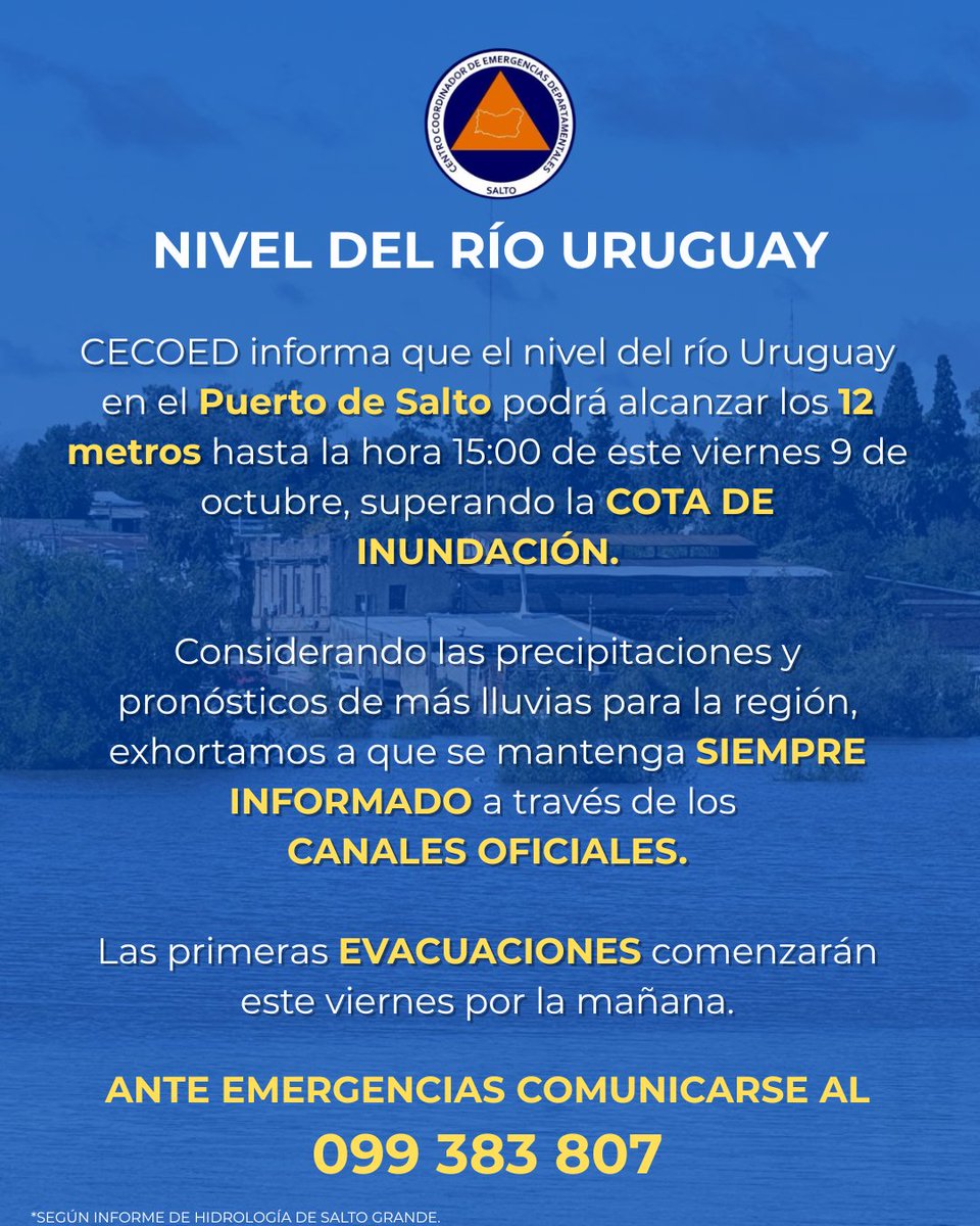 id_salto's tweet photo. 𝗣𝗥𝗜𝗠𝗘𝗥𝗢𝗦 𝗘𝗩𝗔𝗖𝗨𝗔𝗗𝗢𝗦
Este viernes comienzan las primeras evacuaciones en nuestra ciudad. El Comité Departamental de Emergencias realiza las coordinaciones con las primeras familias afectadas.

Si su vivienda puede resultar afectada, comunique su situación al 099 383 807 y manténgase en contacto con el personal del CECOED.

#emergencias #inundaciones #sinae #cecoed #salto
