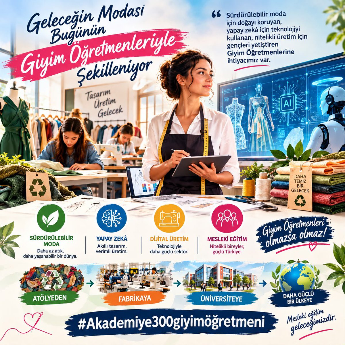 zehra4270's tweet photo. ♻️ Daha az atık
🤖 Daha akıllı tasarım
🧵 Daha verimli üretim
🎓 Daha güçlü mesleki eğitim

Sürdürülebilir moda ve yapay zekâ çağında Giyim Öğretmenleri olmazsa olmazdır.
#Akademiye300giyimöğretmeni https://t.co/0dUlBfqRxn