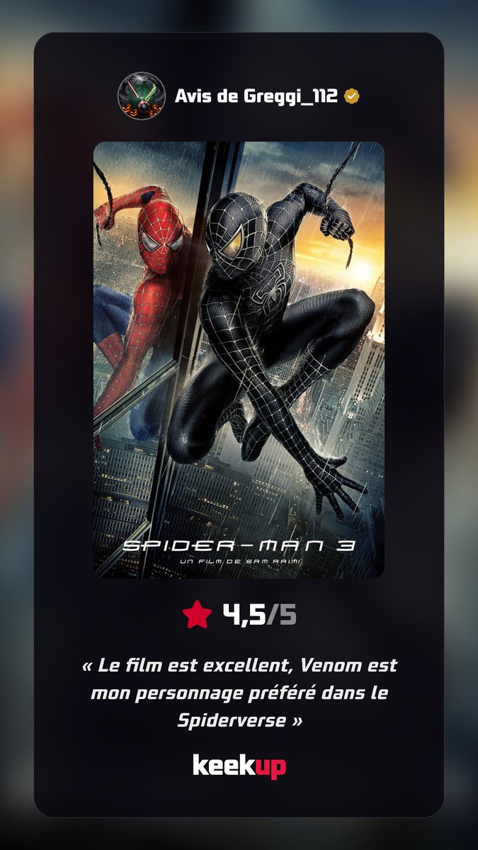 Greggi_112's tweet photo. Mon avis pour Spider-Man 3
https://t.co/T9GLCUr1J6 https://t.co/8P3fh0P7Fo
