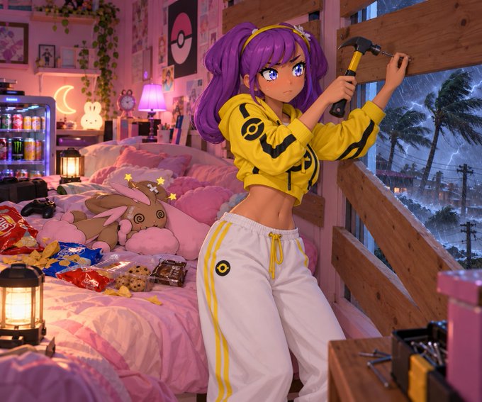 An anime-style illustration of a girl with purple pigtails wearing a yellow cropped hoodie and white sweatpants, hammering a window board in a pink-themed bedroom while a storm rages outside.