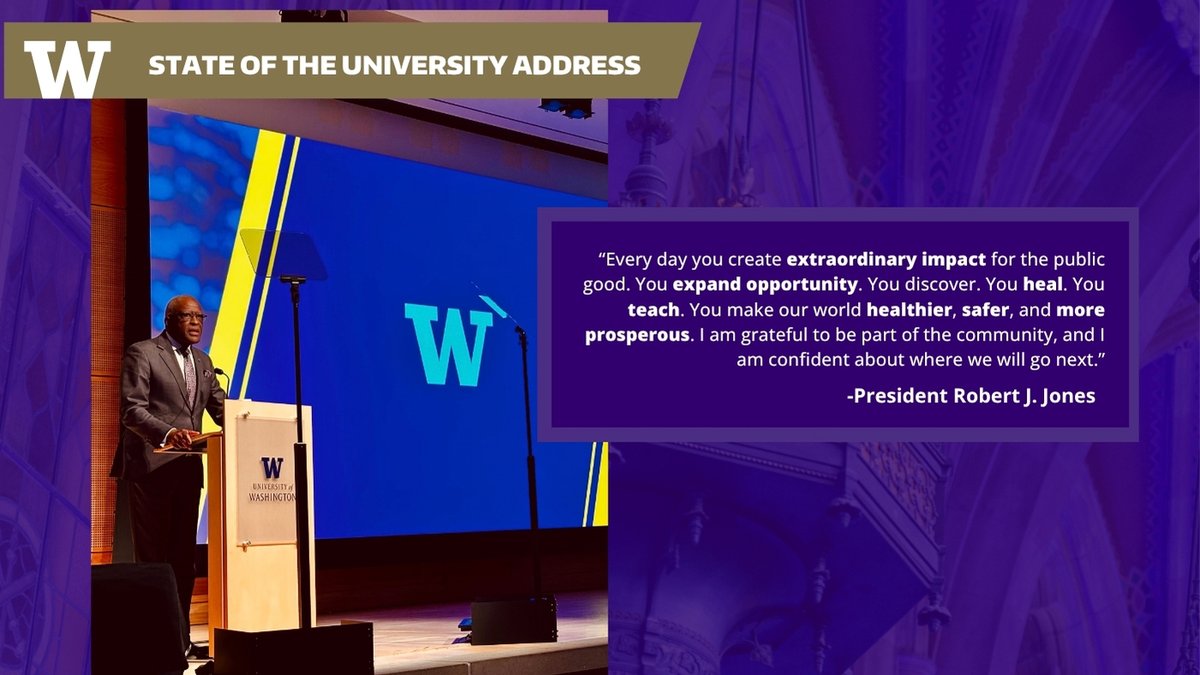 UW's tweet photo. "We must make the UW more affordable and accessible.  We must deepen partnerships that turn proximity to value. We must defend research as a national investment. We must strengthen trust between this University and the people we serve." 

- President Robert J. Jones https://t.co/fYhzkzsv3k