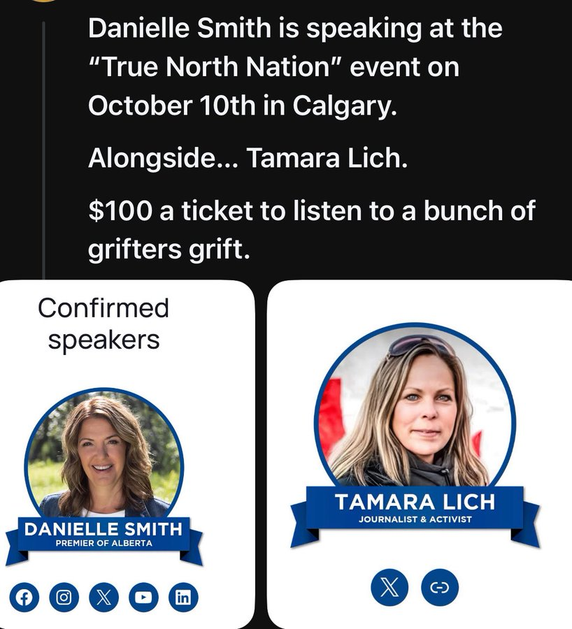 TrueEager's tweet photo. "I was totally unaware that Tamara Lich was a convicted criminal!! Why didn't somebody tell me, before I shared the stage with her!!?!" -- future quote from #PremierUnaware @ABDanielleSmith https://t.co/ytPWDpxcHg