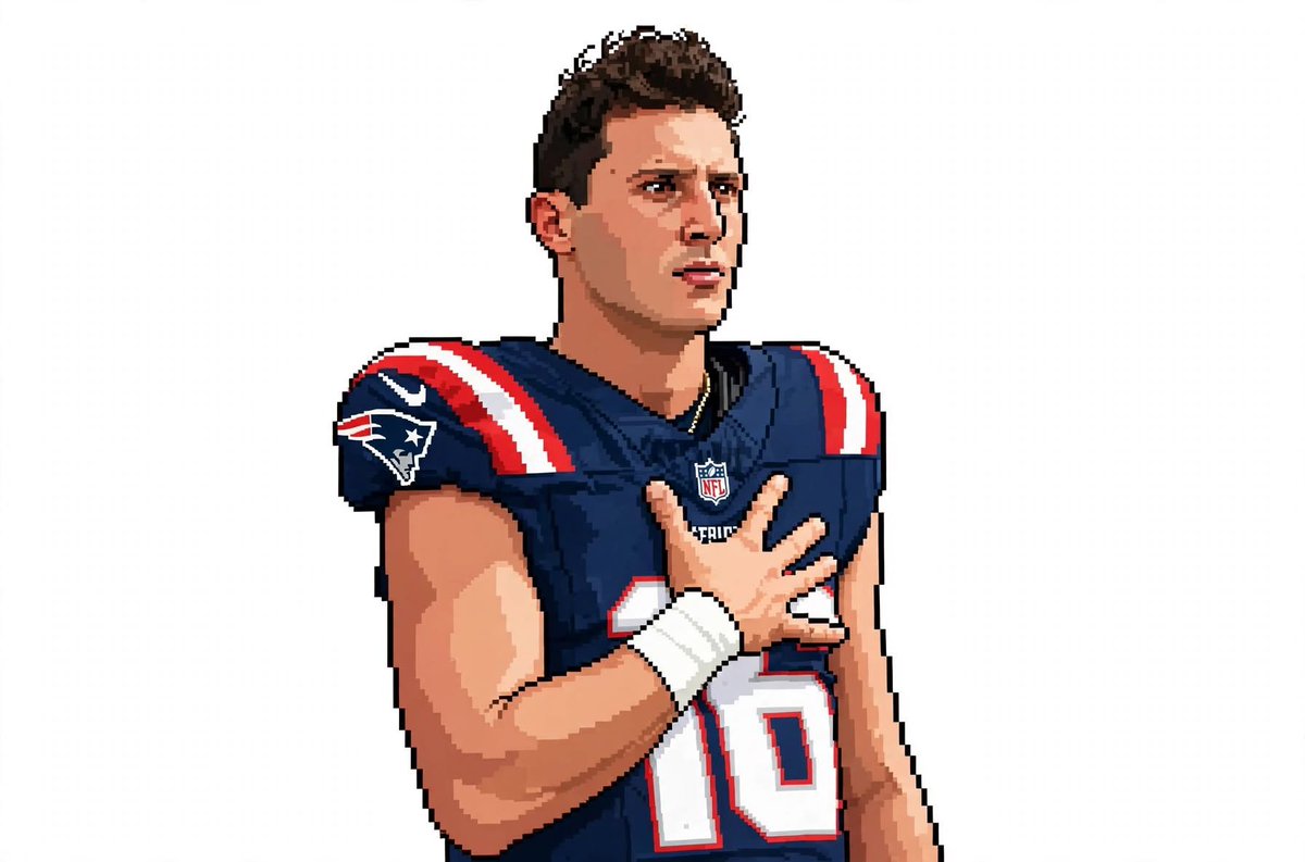 MissCutletsNE's tweet photo. 64-bit pixel Tommy DeVito in the Pats 10 jersey — kept the hand-on-heart pose and cleaned it up to that chunky retro sprite look. https://t.co/oYjkJnlZL2