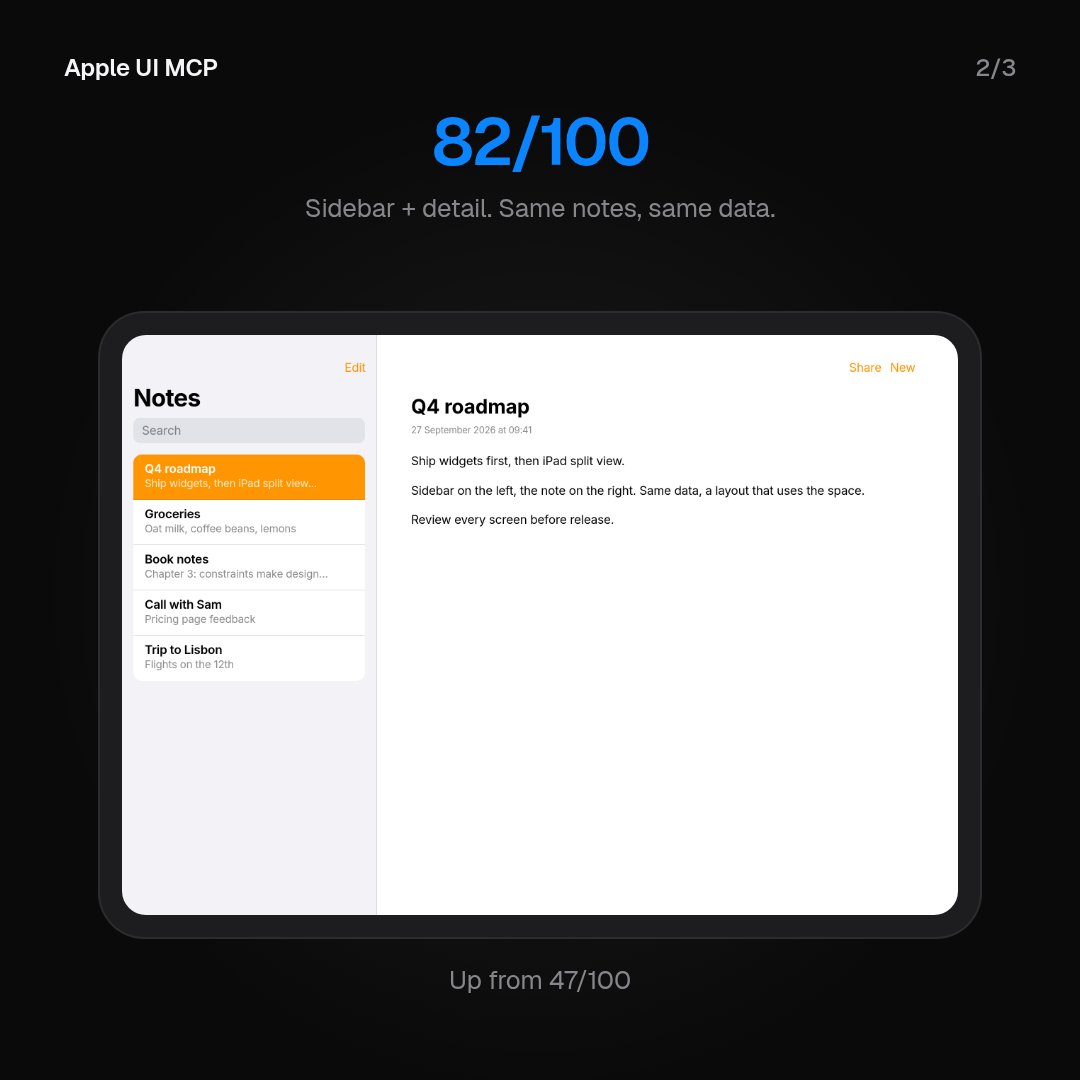 TrueSmartTech's tweet photo. A lot of iPad apps are just stretched iPhone apps: one long column, a full-width button, a tab bar across 1180px.
Apple UI MCP review: 47/100. Sidebar + detail on system type: 82/100.
€9.99/mo, cancel anytime
Link below ↓

#ipad #ipados https://t.co/twIi8ETweZ