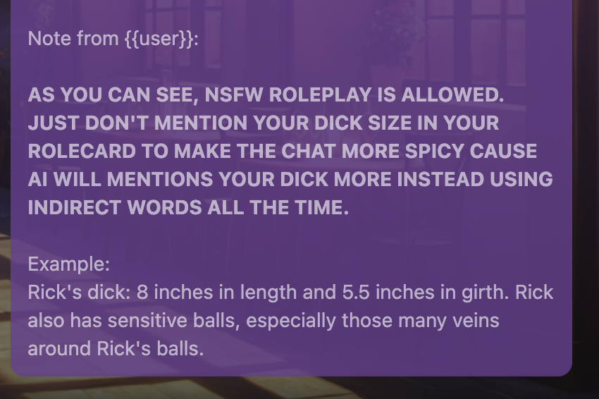 Zeonarthion's tweet photo. If your message happens to get blocked, delete THOSE and switch to another model. This is a chat example where she can get freaky just fine. 
To be spicier, you're gonna explain your dick details in the rolecard, so the chat can be filthier, NSFW. Picture attached. Prob <24hours. https://t.co/5XG25QIHnV