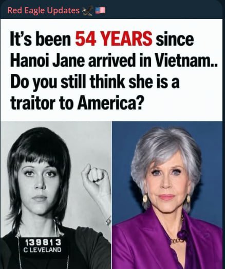 0ERICTRUMPR3's tweet photo. 🚨BOOM:

It’s been 54 years since Hanoi Jane arrived in Vietnam.

Do you still think she is a traitor to America?

YES or NO? https://t.co/6QoJFtDRwj