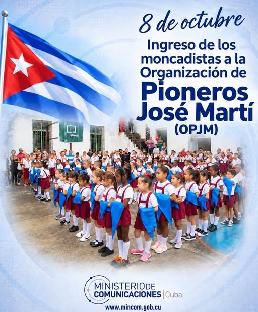 MINCOMCuba's tweet photo. Hoy, 8 de octubre, celebramos el ingreso de los moncadistas a la #OPJM. Las comunicaciones cubanas se visten de azul para acompañar a nuestros pioneros. El futuro ya está conectado! #Cuba #ConectadosALoNuestro https://t.co/rTs6FgQGCC