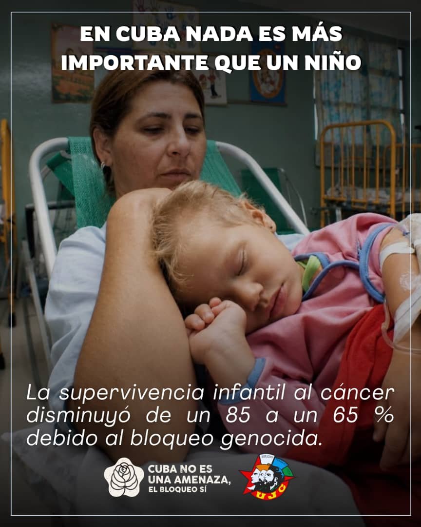 UJCdeCuba's tweet photo. El bloqueo genocida contra Cuba no solo limita recursos, cobra vidas inocentes. 

📉| La supervivencia infantil al cáncer disminuyó drásticamente del 85% al 65% por esta política cruel. No hay justificación alguna para castigar a los más vulnerables.

 🇨🇺✨| #CubaNoEsUnaAmenaza https://t.co/8vrSkI1txj