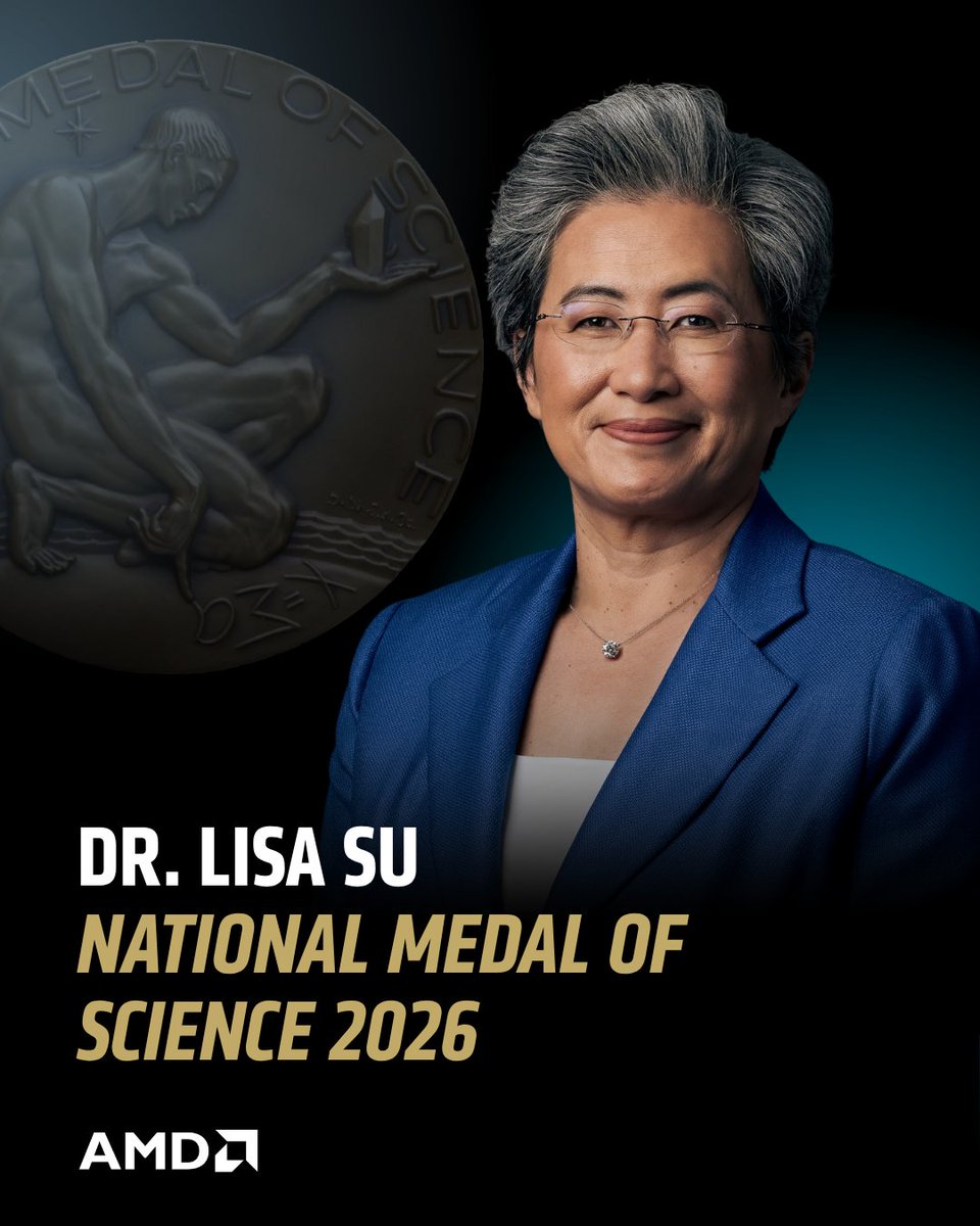 AMD's tweet photo. Congratulations to our Chair and CEO Dr. @LisaSu on receiving the National Medal of Science, recognizing her remarkable contributions to semiconductor technology, high-performance computing and American innovation. https://t.co/wvaG0V6Zwv