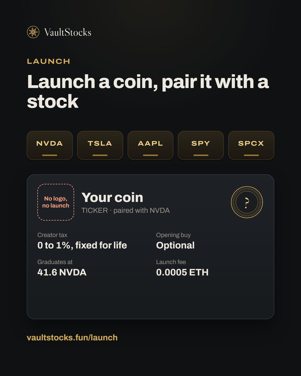 vault_stocks's tweet photo. Launching on VaultStocks:

· pair your coin with NVDA, TSLA, AAPL, SPY or SPCX
· no logo, no launch
· dev buy if you want one
· optional tax up to 1%, all yours, fixed for life

AI grades it a few minutes after launch, and pickers start watching. https://t.co/I5qpFmJj1I
