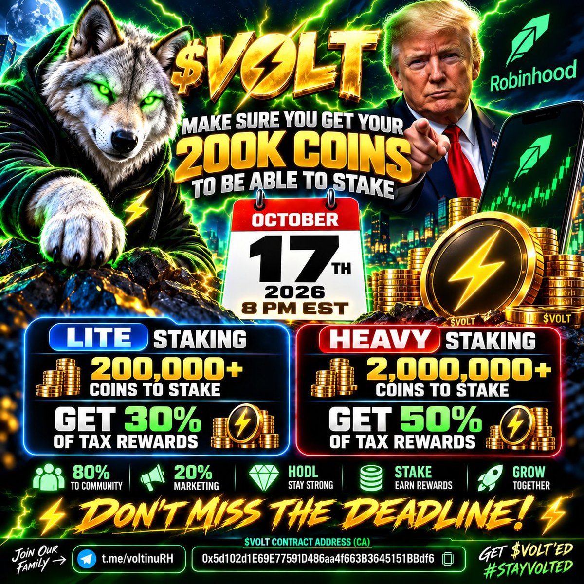JamalHaynes10's tweet photo. GM #Crypto! ☀️⚡️🐺

GM to all the ⚡️$VOLT LOVERS and the RELENTLESS #VOLTARMY!

🔥 STAKING STARTS OCTOBER 17TH!
💎 HODL STRONG!
🐺 THE WOLVES ARE JUST GETTING STARTED!

The future is looking ELECTRIC! ⚡️🚀

Are you $VOLT’ED yet?!

@Voltinu_RH @Pablo_cro @LimitlessApeOG @SignalLTC
@Ladybugz_lounge
@Crissycryptofox
@RicoMoneybags
@BitcoinChina_
@vladtenev @Lesliemotta
@traderpow
@AshCrypto
@RobinhoodApp
@RobinhoodCrypto
@AltcoinsCalls
@AltcoinDaily

📲 https://t.co/T74XiXMtCT

CA: 0x5d102d1E69E77591D486aa4f663B3645151BBdf6

#GETVOLTED #STAYVOLTED #Robinhood #Crypto