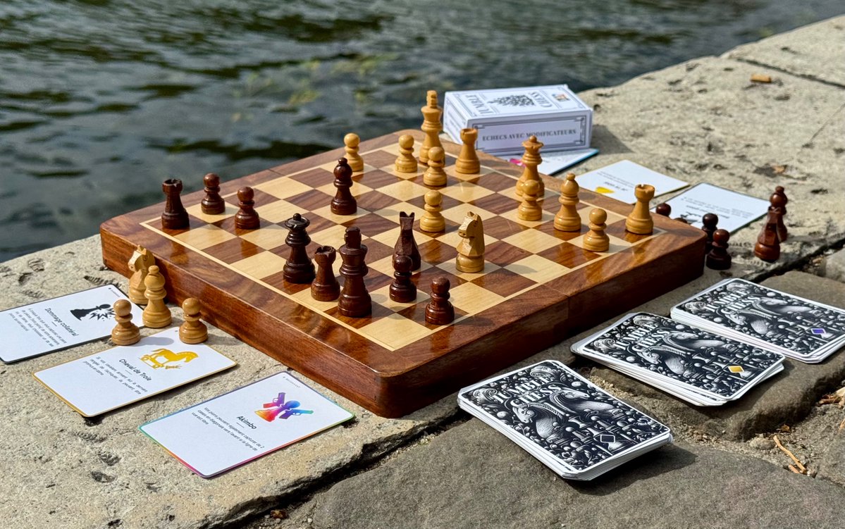 JumbleChess's tweet photo. The prototype is here. Jumble Chess, in our hands for the first time: the box, the modifier cards and their illustrated backs.

You'll be able to buy the game from February 2, 2027, the day our Kickstarter campaign opens.
#chess #boardgames

https://t.co/7FB0yRxJJ7 https://t.co/kJbXQIDXTC