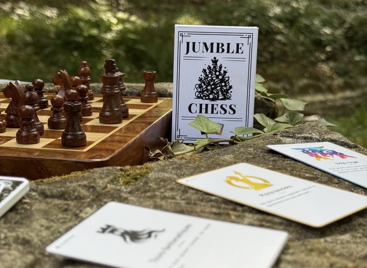 JumbleChess's tweet photo. The prototype is here. Jumble Chess, in our hands for the first time: the box, the modifier cards and their illustrated backs.

You'll be able to buy the game from February 2, 2027, the day our Kickstarter campaign opens.
#chess #boardgames

https://t.co/7FB0yRxJJ7 https://t.co/kJbXQIDXTC