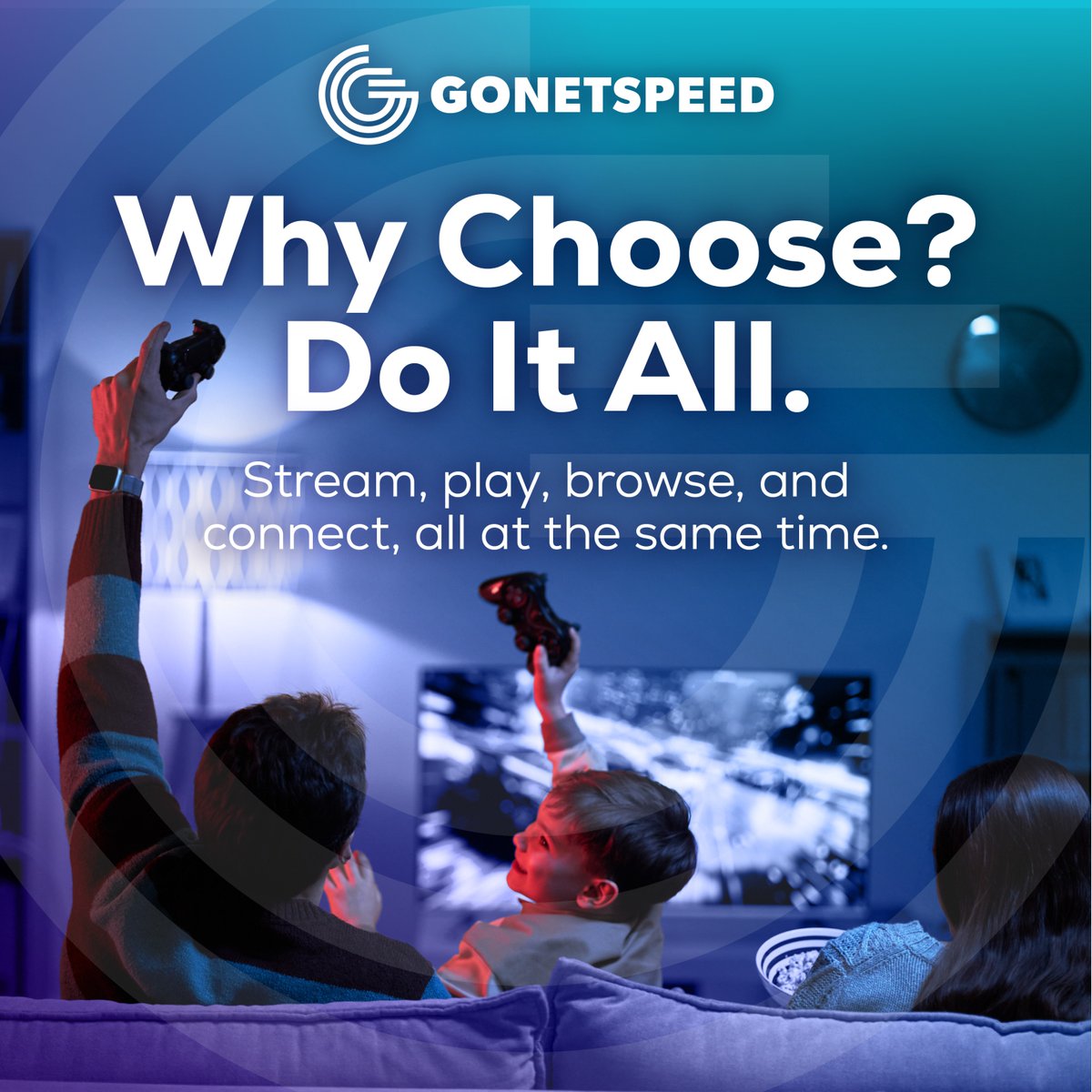 GoNetspeed's tweet photo. Game night or movie night? Why choose? A 100% fiber connection helps your household stream, play, browse, and connect at the same time, without making entertainment wait its turn. https://t.co/yl7Ey3lzZB