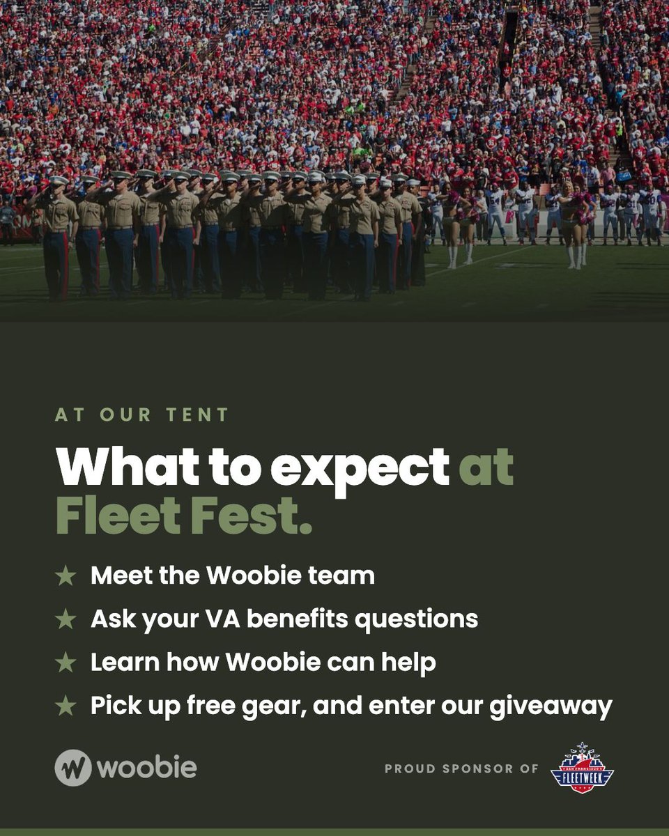 woobieio's tweet photo. What to expect at our tent at Fleet Fest, October 10–11:

• Meet the Woobie team
• Ask your VA benefits questions
• Learn how Woobie can help
• Pick up free gear, and enter our giveaway

Save this and come find us.

#SFFleetWeek #Woobie #Veterans #FleetFest https://t.co/68bAycNHLE