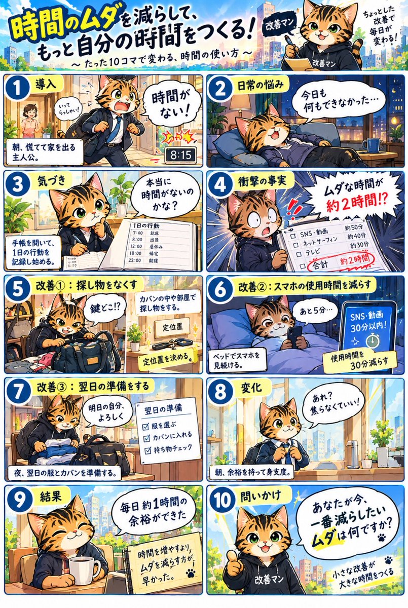 kaizenman815's tweet photo. 「時間がない」が口グセだった私。
 1日の行動を記録したら、ムダな時間が約2時間もありました⏰

やったのはこの3つだけ。 ✔ 探し物を減らす ✔ スマホを30分減らす ✔ 前日に準備する

毎日約1時間の余裕ができました。
 あなたが今、一番減らしたいムダは何ですか？👇 https://t.co/gFjNOQyX2i