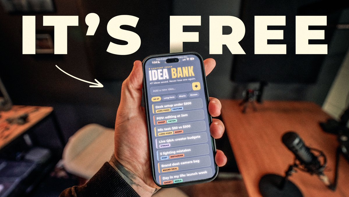 Big_E's tweet photo. I lost more ideas than I posted for 12 years.

Notes app. Screenshots. DMs to myself. None of it was a system.

So I built one, and I’m giving the idea bank away free. New video shows exactly how I use it.

Creators Keep Running Out of Ideas. So I Fixed It.
https://t.co/iMPdJxU4Pd