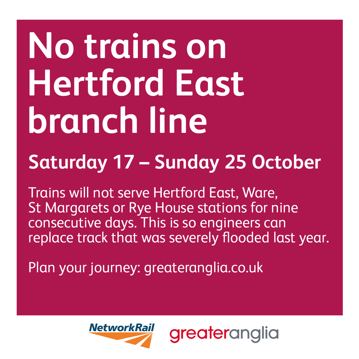 NetworkRailAng's tweet photo. 9⃣ days until the Hertford Each branch line closes for 9⃣ days for vital track replacement work

@greateranglia https://t.co/Ar66iAw2QH
