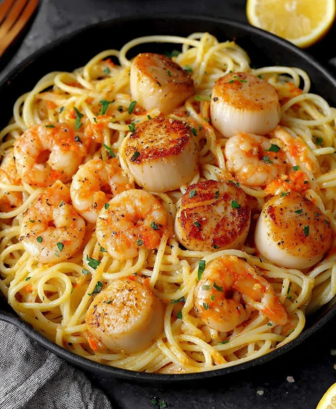 summer_food's tweet photo. Garlic Butter Scallop and Shrimp Pasta

Ingredients 🛒
1 lb fresh or thawed scallops

12 oz high-quality pasta (a short shape like busiati works beautifully)

12 large shrimp, peeled and deveined

3 cloves garlic, minced

1 tablespoon fresh Italian parsley, chopped

¼ teaspoon freshly ground black pepper

3 oz salted butter

3 tablespoons extra virgin olive oil

1 tablespoon kosher salt, plus extra for the brine

Water for pasta and brine solution

Lemon wedges, for serving 🍋

Preparing the Scallops 🐚

Begin by brining the scallops to enhance their natural sweetness and ensure a tender texture. In a medium bowl, dissolve about three tablespoons of kosher salt in 16 ounces of water. Add the scallops and let them soak for 10 minutes. Once done, remove them and place them on a rack or plate to dry thoroughly. Dry scallops are key to achieving a beautiful golden sear.

Cooking the Pasta 🍝

While the scallops are brining, bring a large pot of well-salted water to a rolling boil. Add the pasta and cook according to the package instructions until al dente, usually around seven minutes. Reserve about one cup of the pasta cooking water before draining, as this will help adjust the sauce later.

Searing the Seafood 🔥
Heat a large cast-iron skillet over high heat and add the olive oil. Once the pan is very hot, carefully place the scallops in a single layer. Sear them for about one and a half minutes without moving them to develop a golden crust. Add the shrimp, garlic, and parsley, then cook for another two minutes. Turn the scallops and shrimp and cook for an additional minute and a half, just until the seafood is cooked through and tender.

Creating the Garlic Butter Sauce 🧈
Lower the heat to medium and add the butter to the skillet. Stir gently as it melts, forming a glossy garlic butter sauce. Season with freshly ground black pepper and taste, adjusting salt if necessary. The sauce should be rich, aromatic, and smooth.

Bringing It All Together 🍽��
Add the drained pasta directly to the skillet with the seafood. Toss everything together, adding small splashes of the reserved pasta water until the sauce perfectly coats the pasta. Serve immediately with lemon wedges and crusty bread to soak up every drop of the garlic butter sauce.

This Garlic Butter Scallop and Shrimp Pasta is proof that simple ingredients, treated with care, can create an unforgettable meal ❤️.