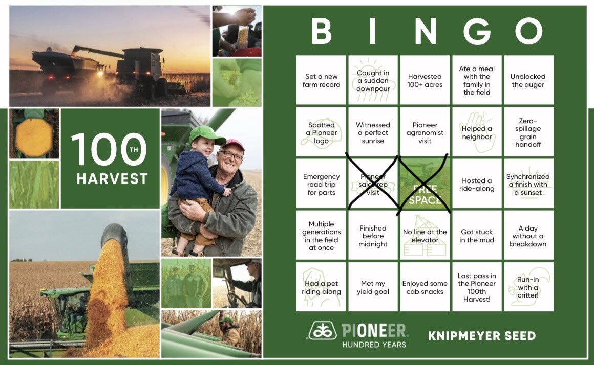 KnipmeyerSeed's tweet photo. Harvest Bingo is happening now until November 15th! Use the hashtags below and tag us for a chance to win a limited edition anniversary cooler!

We checked off our first box while enjoying our field visits! 🌽🌱
#Pioneer100 #HarvestBingo26 

@PioneerSeeds | @KnipmeyerSeed https://t.co/DFbd6pG6Ex