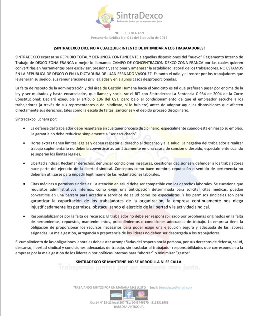 SintradexcoZF's tweet photo. La defensa del trabajador exige respeto absoluto a la ley, a la salud, al descanso y a la libertad sindical, demostrando que \text{Sintradexco} se mantiene firme y nunca se arrodilla ni se calla." #sindicato #respeto #unidad #defensa #resistencia https://t.co/g1kvuPKV2v