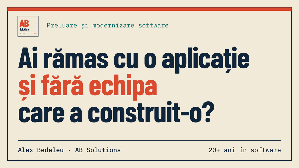 AlexBedeleu's tweet photo. Ai rămas cu o aplicație și fără echipa care a construit-o?

Preiau aplicații existente: audit tehnic, plan de stabilizare și dezvoltare.
Alex Bedeleu · AB Solutions · 20+ ani în software.
Discută proiectul.