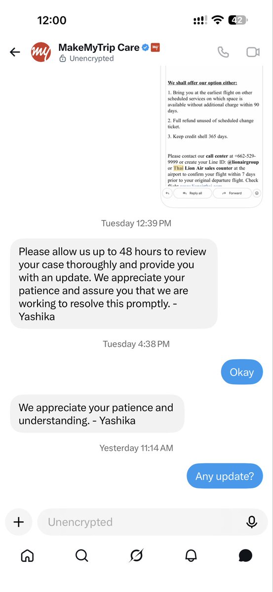 jainsanket83's tweet photo. @makemytrip @GoibiboSupport @ThaiLionair @makemytripcare @MoCA_GoI Do NOT book Thai Lion Air through MakeMyTrip/Goibibo. My flight SL219 BOM-DMK (16 Sep) was cancelled by the airline, yet my refund is still stuck. Support keeps asking for airline approval, then says "wait 48 hour https://t.co/47UnvCKkHP