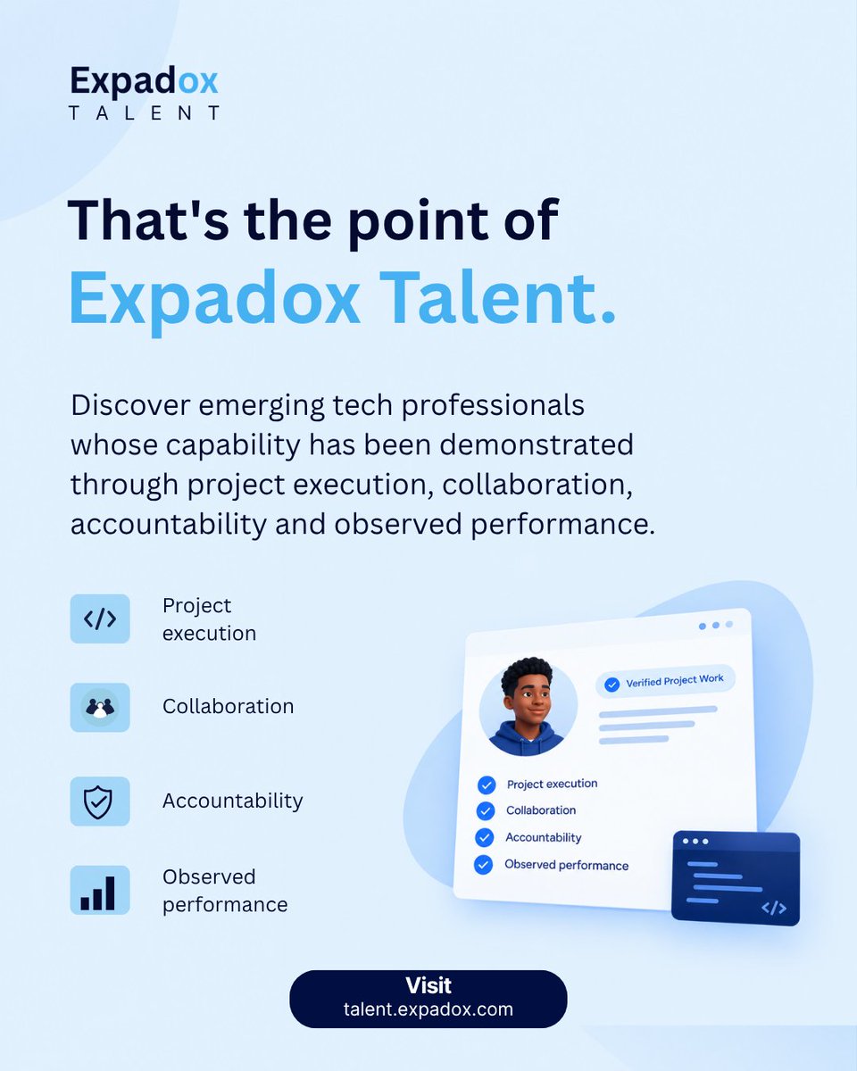 expadoxhq's tweet photo. Instead of just looking at certifications, job titles, or a list of skills, discover emerging tech professionals with real project experience and demonstrated capability.

Expadox Talent is currently closing that gap. 

Discover talent with proof 
👉 https://t.co/UulN53yBUI https://t.co/BjSr6XYZGY