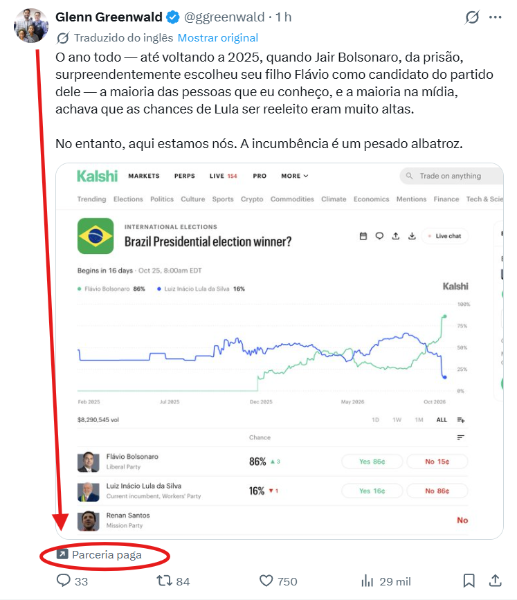 opaulomm's tweet photo. Com residência permanente no Brasil, Glenn Greenwald faz PARCERIA PAGA com a Kalshi, plataforma de apostas cuja operação é proibida no país. Não é a primeira vez e nada acontece... https://t.co/qXy7NMV2zW