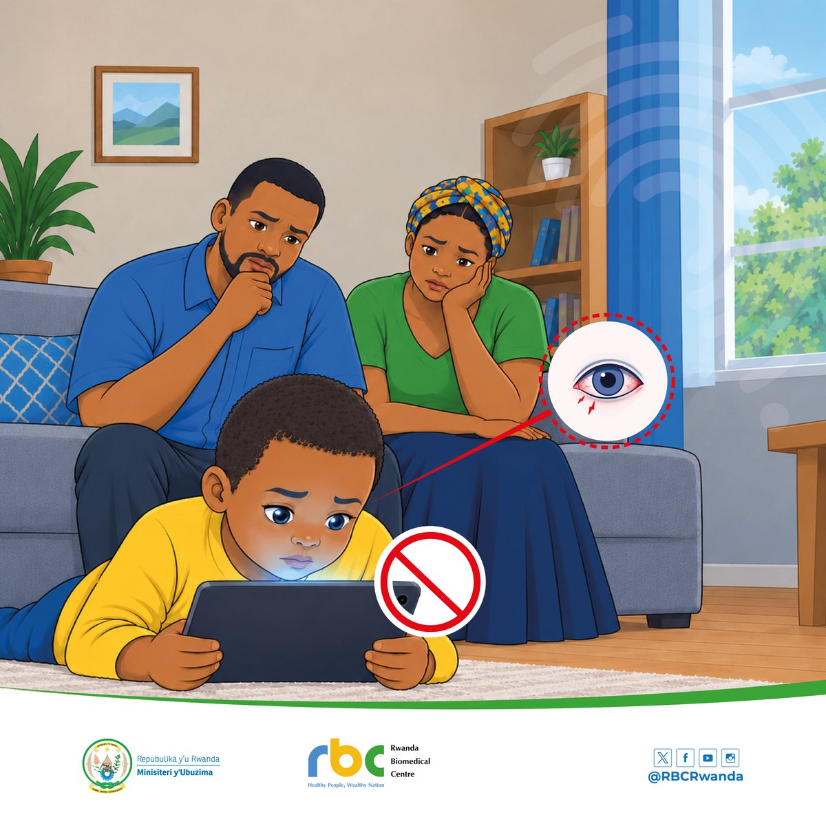 RBCRwanda's tweet photo. Ijisho ryawe ni urugingo rw’ingenzi ku mubiri wawe.

⚠️Gana muganga, wisuzumishe amaso. 
⚠️Ntugashyire umuti uwo ari wo wose mu maso, utawandikiwe na muganga w'amaso.
⚠️ Ihutire kujya kwa muganga igihe ijisho ryawe rifite ikibazo nko:

❗Gutukura
❗Kubabara
❗Gukomereka
❗Gutakaza ubushobozi bwo kureba 

Ababyeyi baributswa kurinda abana kumara umwanya munini imbere y’ibyuma by’ikoranabuhanga nka telephone, mudasobwa, televiziyo n’ibindi.

 Ita ku maso yawe, ugire ubuzima bwiza.