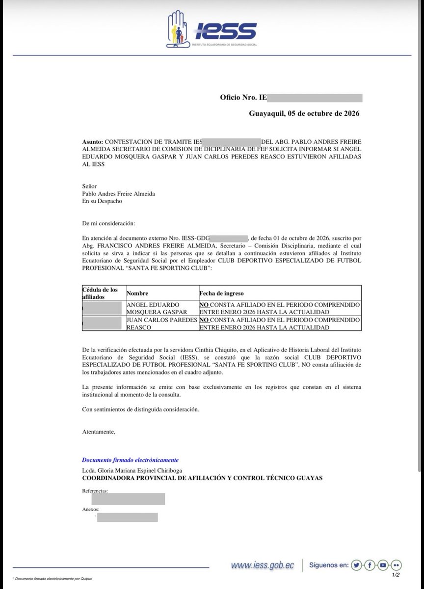 juanfranrueda_'s tweet photo. Lo que pasa en la Segunda Categoría es realmente preocupante, sobre todo, ante el silencio absoluto.

El pasado 5 de octubre el IESS respondió (doc. adjunto) a la Comisión Disciplinaria de @FEFecuador que dos jugadores de Santa Fe no constan como afiliados (ellos denuncian falsificación de firmas).

Ante esto, la Comisión de Competiciones, presidida por @SelimDoumet debería de actuar en base al reglamento, tal cual ha sucedido años anteriores con casos similares. 

Las partes esperan aún respuestas sobre lo sucedido, sin embargo, parecería ser que no las hay todavía.
