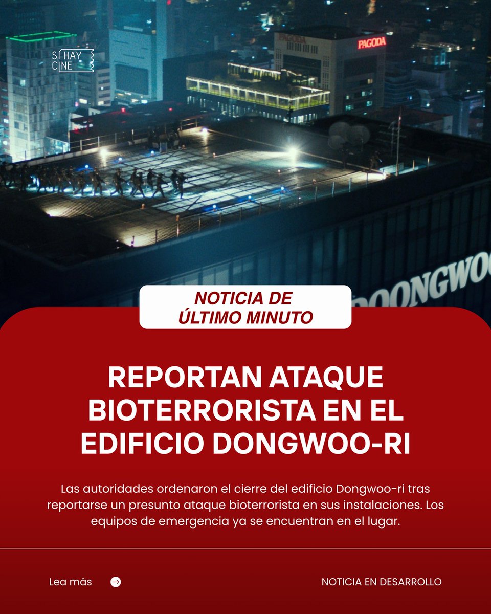 SihayCine's tweet photo. #Atencion A esta hora se reporta un ataque bioterrorista en el Edificio Dongwoo-ri en Seúl🇰🇷 

Reportes indican que habría sido sellado por para prevenir la propagación de un virus y podría tratarse de la #ZonaCero de un peligroso contagio.😷 

Descubra más en cines octubre 15🍿 https://t.co/MLxKaFuZHj