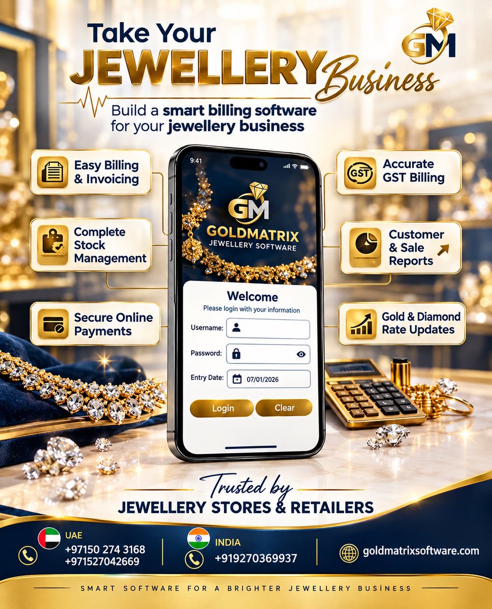 Goldmatrixs's tweet photo. ✨ Smart billing for smarter jewellery businesses. 💎

Jewellery Software, Jewellery Billing Software, Gold Jewellery Software, Jewellery POS, GST Billing Software

#JewellerySoftware #JewelleryBusiness #BillingSoftware #GoldJewellery #JewelleryStore https://t.co/VcLiTSeAmB